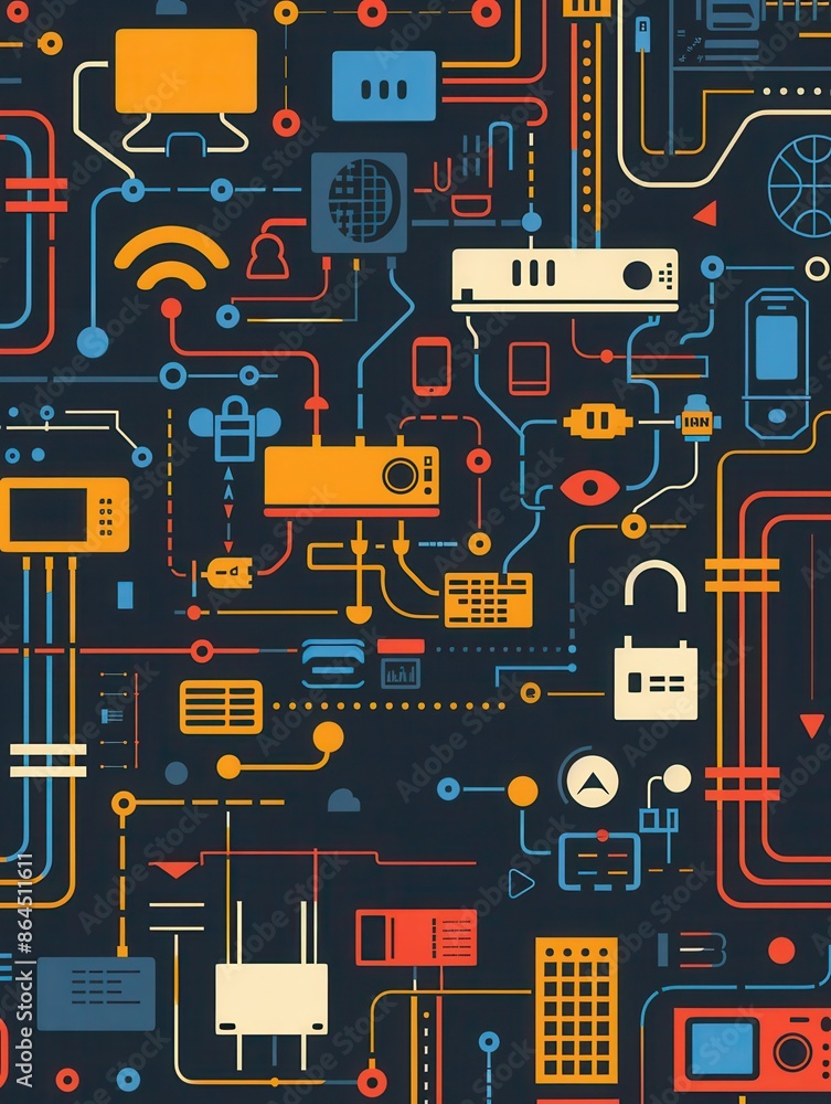 Poster an illustration of interconnected network devices and smart home gadgets, with abstract lines symbol