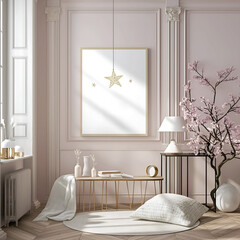 Aesthetic neoclassic room interior design. Mockup picture frames. Moldings and mock up poster on the walls. Copy space. Clean classic apartment for decoration. Neutral colors.