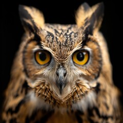 Fototapeta premium Close-up portrait of an Owl against a black background, showcasing its intense gaze and detailed facial features.
