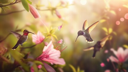 Glossy bird in flight. Hummingbird flying next to beautiful pink flower, nature floral background