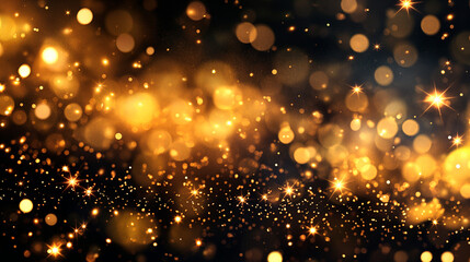shiny golden lights. Golden glittering stars swirl on black bokeh background with sparkling golden shiny sprinkles