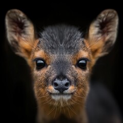 Close-up portrait of a Pudu against a black background, featuring its large eyes and soft fur.