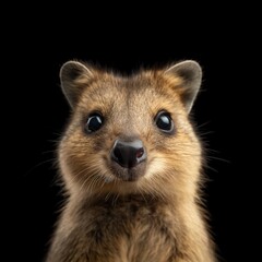 Fototapeta premium Close-up portrait of a Quokka against a black background, showcasing its endearing face and bright eyes.