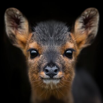 Close-up portrait of a Pudu against a black background, featuring its large eyes and soft fur.