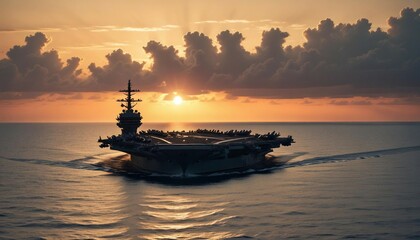 Obraz premium Iconic silhouette of an American aircraft carrier with F-18 Superhornet fighter jets soaring into the vibrant hues of a magnificent sunset over the vast ocean