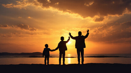 Obraz premium Silhouette of a happy active man raised hand against sunrise. Early riser, morning exercise, wellness life, freedom concept friendship gathering between men and women under the sunset. Generative AI