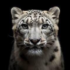 Striking portrait of a snow leopard with piercing eyes and detailed fur patterns.