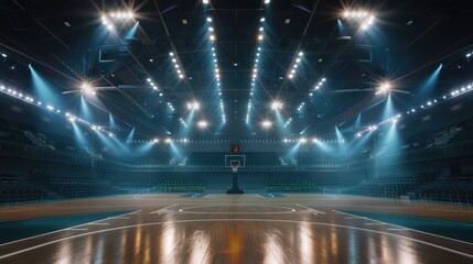Title majestic empty basketball court illuminated by brilliant white lights in a vast arena