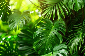 Nature plant leaves green, tree foliage in summer garden. Tropical pattern background forest texture beauty environment jungle. Palm flora botany bright closeup, wallpaper