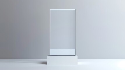 Sleek clear acrylic podium set against a minimalist gray background, perfect for professional presentations, lectures, or public speaking events, emphasizing modern design and sophistication