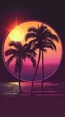 Naklejka premium Retro sunset with palm trees, vibrant neon colors, tropical concept