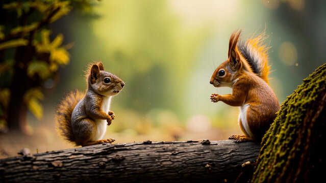two squirrels sitting on a tree branch in the woods