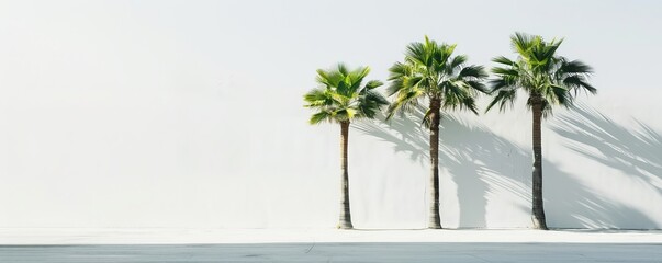 Three palm trees along a white wall, minimalist nature concept