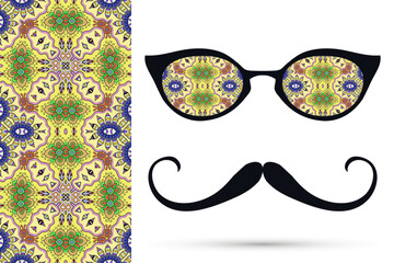 Retro hipster ornate sunglasses, mustaches with seamless hand drawn pattern. Isolated elements for textile fabric or paper print, invitation, business card design. Cat Eye style glasses doodle eyewear