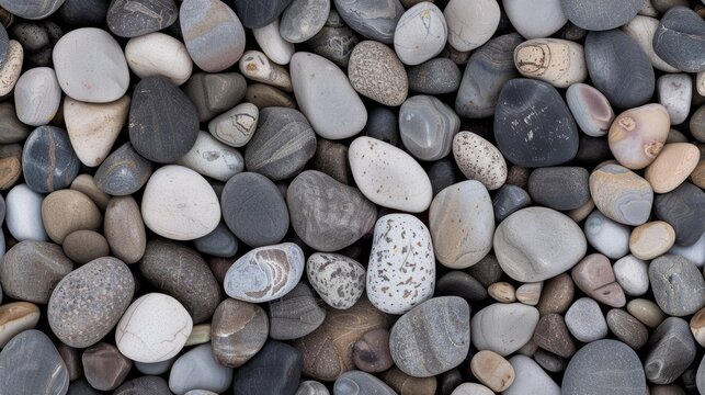 A close-up image of various smooth river rocks in shades of gray, brown, and white SEAMLESS PATTERN