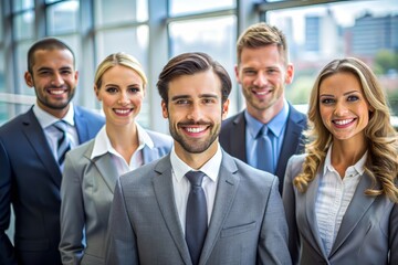 Fototapeta premium Cheerful colleagues wearing formal outfit looking at camera