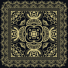 Obraz premium Decorative golden geometric linear ornament. Gold and black background, symmetric pattern with lace frame. Tribal ethnic decor. Bandana shawl, tablecloth fabric print, silk neck scarf, kerchief design
