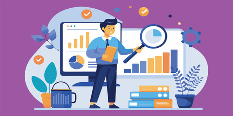 Statistics. Data analysis, focusing on business insights, graph and chart analytics, and statistical concepts. Utilizes digital tools for performance monitoring and analysis, using a magnifier 