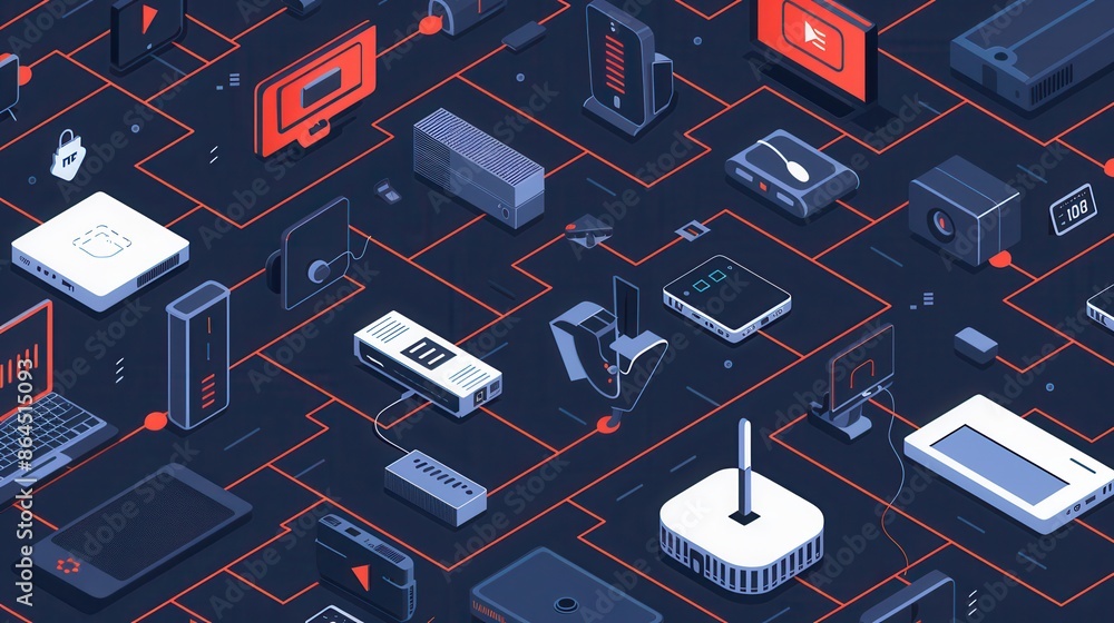 Leinwandbilder An illustration depicting a network of routers, modems, smart home gadgets, and other devices interconnected by abstract lines representing data flow. Generative AI