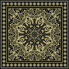 Decorative golden geometric linear ornament. Gold and black background, symmetric pattern with lace frame. Tribal ethnic decor. Bandana shawl, tablecloth fabric print, silk neck scarf, kerchief design