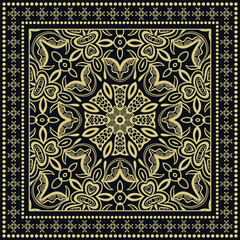 Decorative golden geometric linear ornament. Gold and black background, symmetric pattern with lace frame. Tribal ethnic decor. Bandana shawl, tablecloth fabric print, silk neck scarf, kerchief design