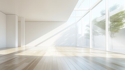 Fototapeta premium A bright and modern apartment with wooden parquet floors and large windows, ideal for contemporary living.
