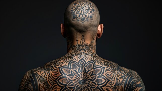 Man with intricate full-back and head tattoos, minimalistic black and white ink design, isolated on dark background. Body art and modern tattoo culture concept