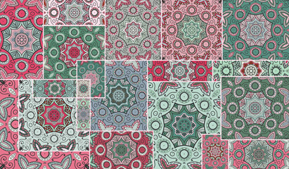 Vector patchwork quilt pattern. Vintage decorative collage. Hand drawn background. Indian, Arabic, Turkish motifs for printing on fabric or paper. Abstract colorful doodle pattern in mosaic style