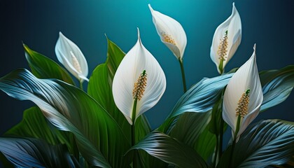 A Peace Lily in full bloom, with white flowers rising above the dark green leaves, capturing the delicate texture of the flowers and the glossy surface of the leaves against a plain backdrop.