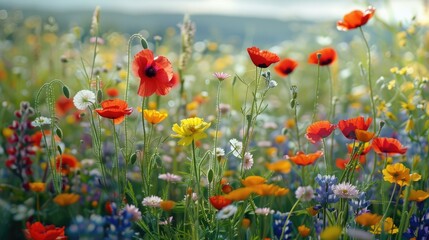 Naklejka premium Vibrant wildflowers field with shallow depth, crafting dreamy and romantic ambiance in the scene