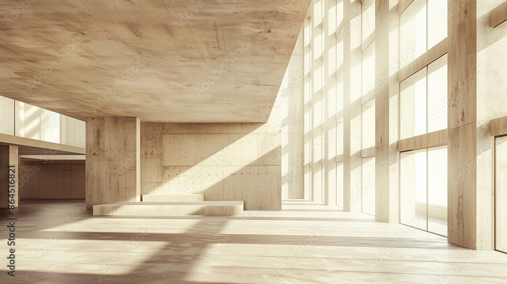 Poster a modern architectural space with concrete walls and floors, creating an industrial and minimalist a