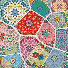Vector patchwork quilt pattern. Vintage decorative collage. Hand drawn background. Indian, Arabic, Turkish motifs for printing on fabric or paper. Abstract colorful doodle pattern in mosaic style