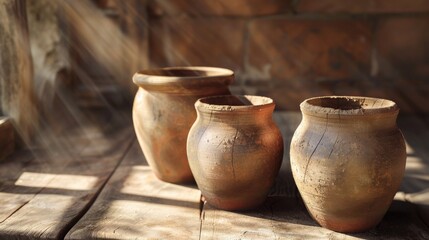 Three rustic clay pots on wooden surface in sunlight, traditional handcrafted pottery