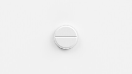 White single pill isolated on a white background. Tablet, pill capsule top view, flat lay. 3d render illustration 