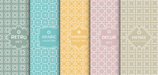 Set of seamless line patterns, colored background. Stylish decorative vintage, retro, arabic, christmas label decor set. Abstract geometric frame, vector illustration. Art Deco style, light colors