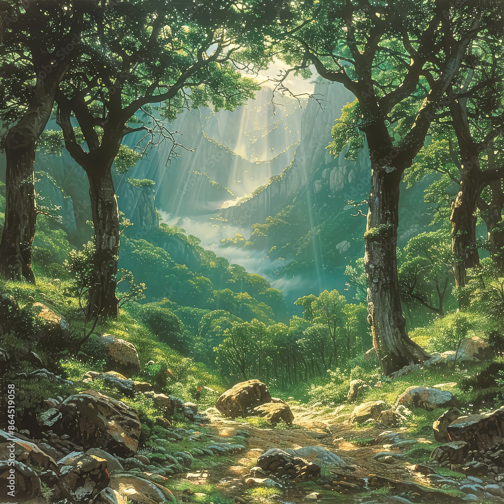Poster a forest path with trees and rocks. scene is peaceful and serene, as the viewer is surrounded by nat