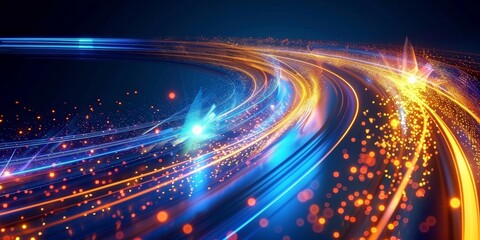 blue orange glowing light path trail., The concept of technology and information transfer. digital binary data. Concept for big data, deep machine learning, artificial intelligence