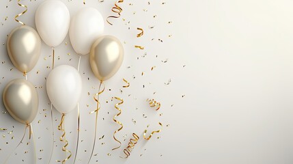 A flat lay image of white and gold balloons with gold confetti on a white background