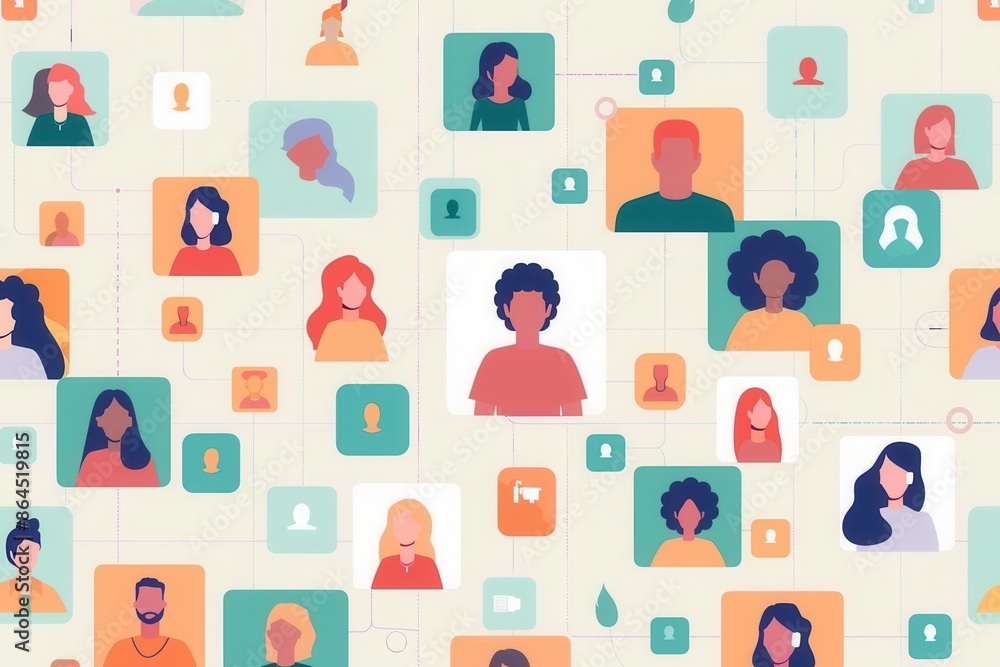 Aufkleber A graphic design featuring various profiles connected by lines, representing a network of influencers and their followers. Generative AI