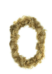 Creative typography made with real dog hair. Blonde hair on white background Dogs, cats, pets, monsters and other furry animals. Complete alphabet. Number 0