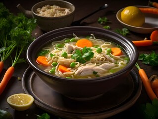 Hearty homemade chicken fusilli soup with carrots and fresh herbs.