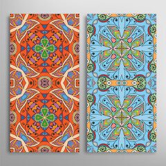Vertical seamless patterns set, hand drawn colorful backgrounds for Wedding, Valentine's day, greeting cards or Birthday Invitations. Decorative seamless texture. Ethnic ornament, border pattern