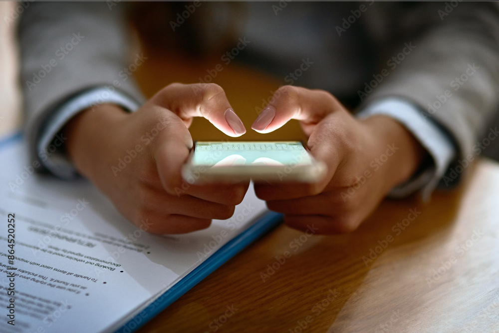 Aufkleber person, hands and typing with phone screen at night for communication, research or reading news at o