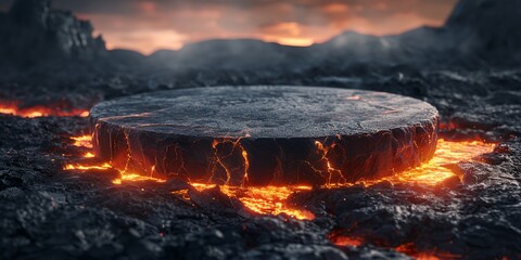 A lava pit with a large, round rock in the middle. The lava pit is surrounded by rocks and the sky is orange