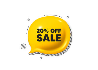 Sale 20 percent off discount. Comic speech bubble 3d icon. Promotion price offer sign. Retail badge symbol. Sale chat offer. Speech bubble comic banner. Discount balloon. Vector