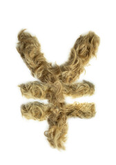 Creative typography made with real dog hair. Blonde hair on white background Dogs, cats, pets, monsters and other furry animals. Complete alphabet. Yen sign