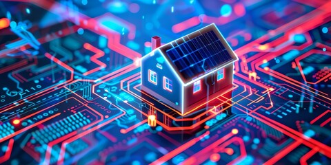 Obraz premium A house is built on a circuit board. The house is lit up with lights and has a solar panel on the roof