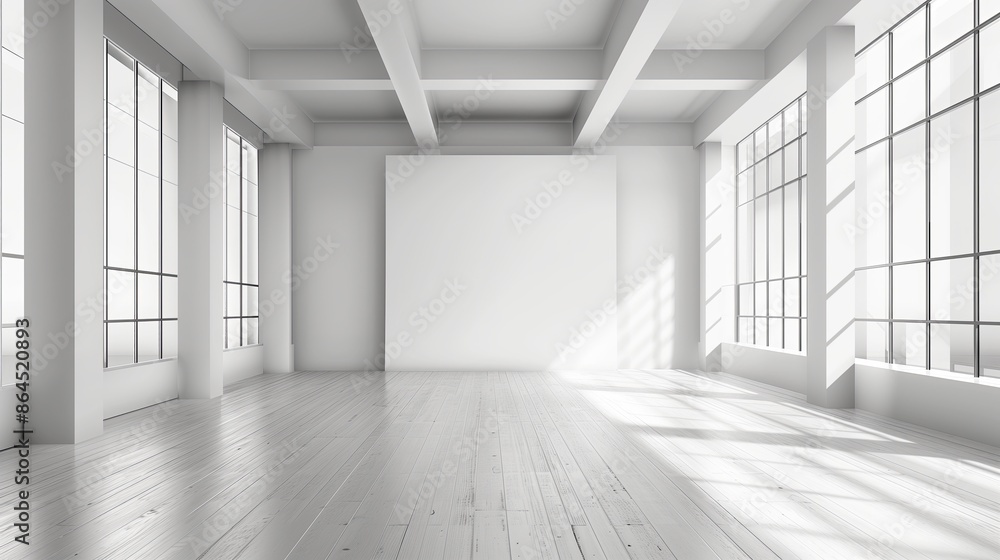 Poster An empty room with wooden floors and large windows, providing a bright and open space for creative interior design.