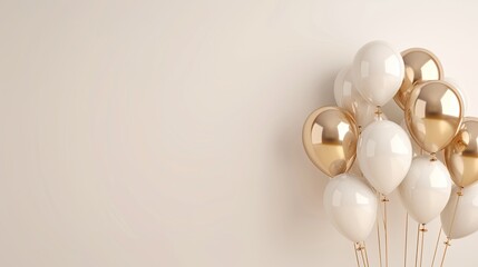 An image of a cluster of white and gold balloons against a plain white backdrop.