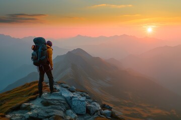 a person standing on top of a mountain with a backpack, backpacker standing on a sunset mountain peak with a panoramic view